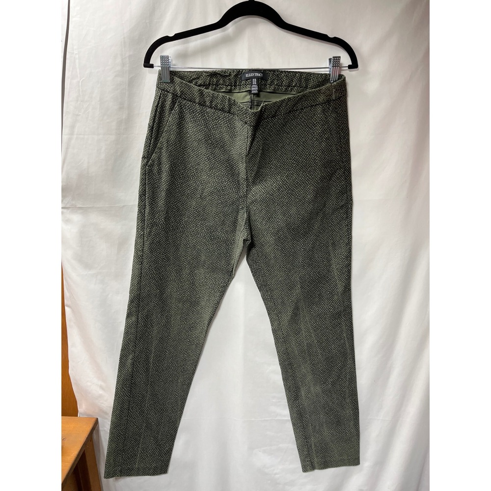 Ellen Tracy Womens Olive Green Textured Print Ankle Pants Size 10 Slim Leg